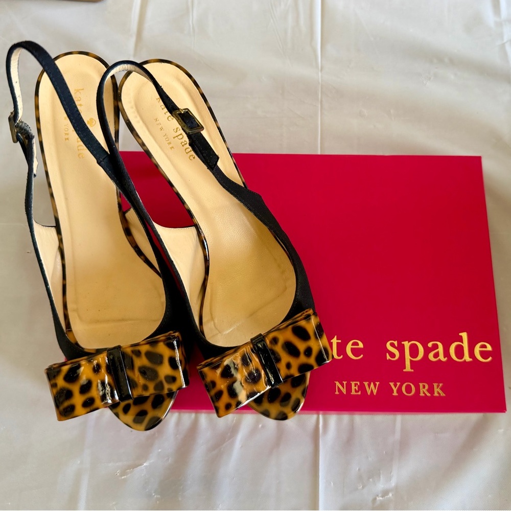 kate spade Black Slingback Heels with Leopard Bow Accent